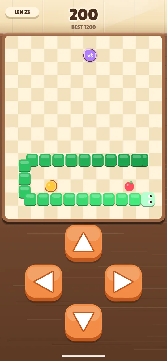 Snake gameplay: a green snake on a checkered board with a x3 score boost and big arrow buttons