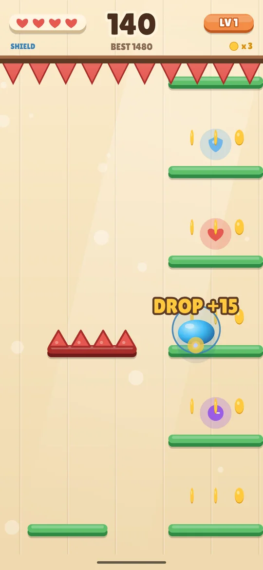Spike Drop with a shield around the ball and coins on the platforms